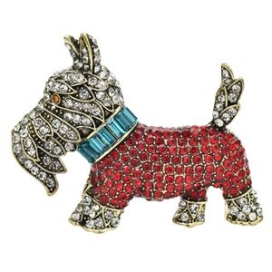 Rhinestone Dog Brooch – Red, Blue & Clear Crystals – 2.36" x 1.89"